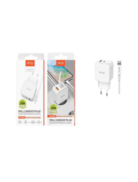Cargador de red Usb + Type-C + Cable Type-C a Lightning Iphone 8-14 / 25W / Blanco / TA0334 / One+